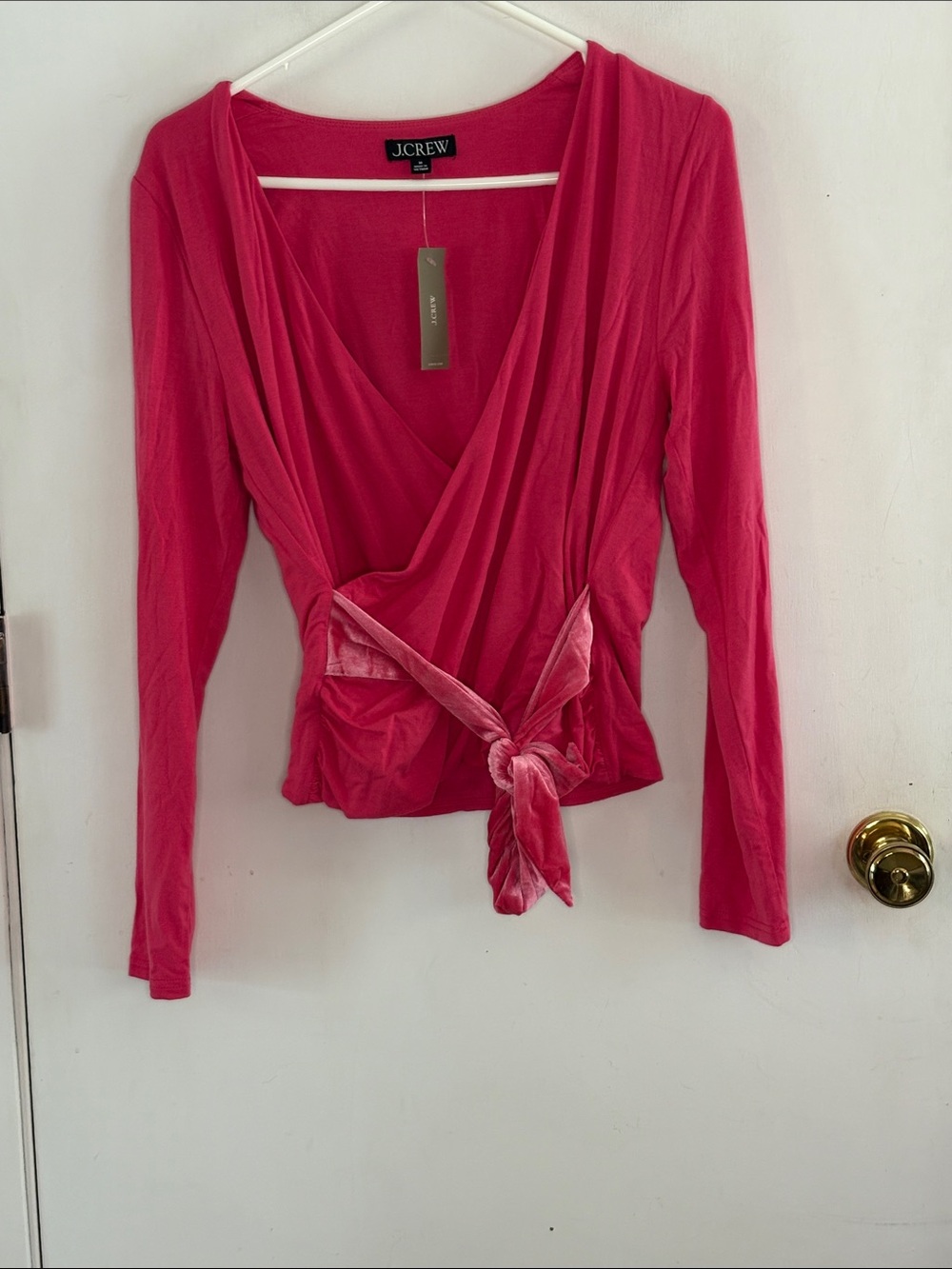 J Crew raspberry pink long sleeve faux wrap knit top velour tie Size Medium